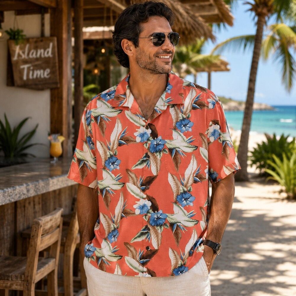 Tommy Bahama Mens L 70% Silk Hawaiian Camp Shirt Coral Floral Island Zone